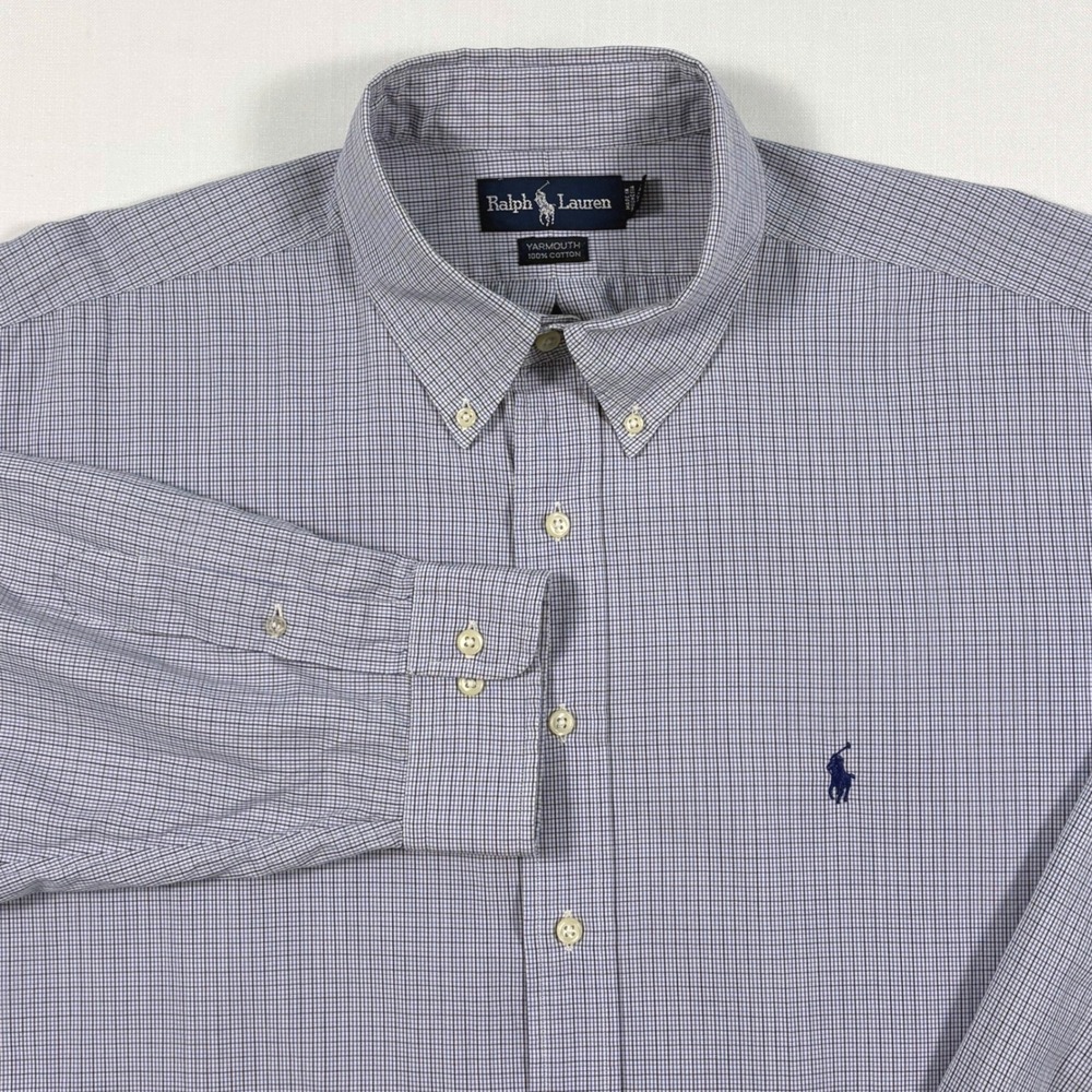 Ralph Lauren Yarmouth Mens 18 36/37 Blue White Micro Check Cotton Shirt Long Slv - Picture 14 of 14